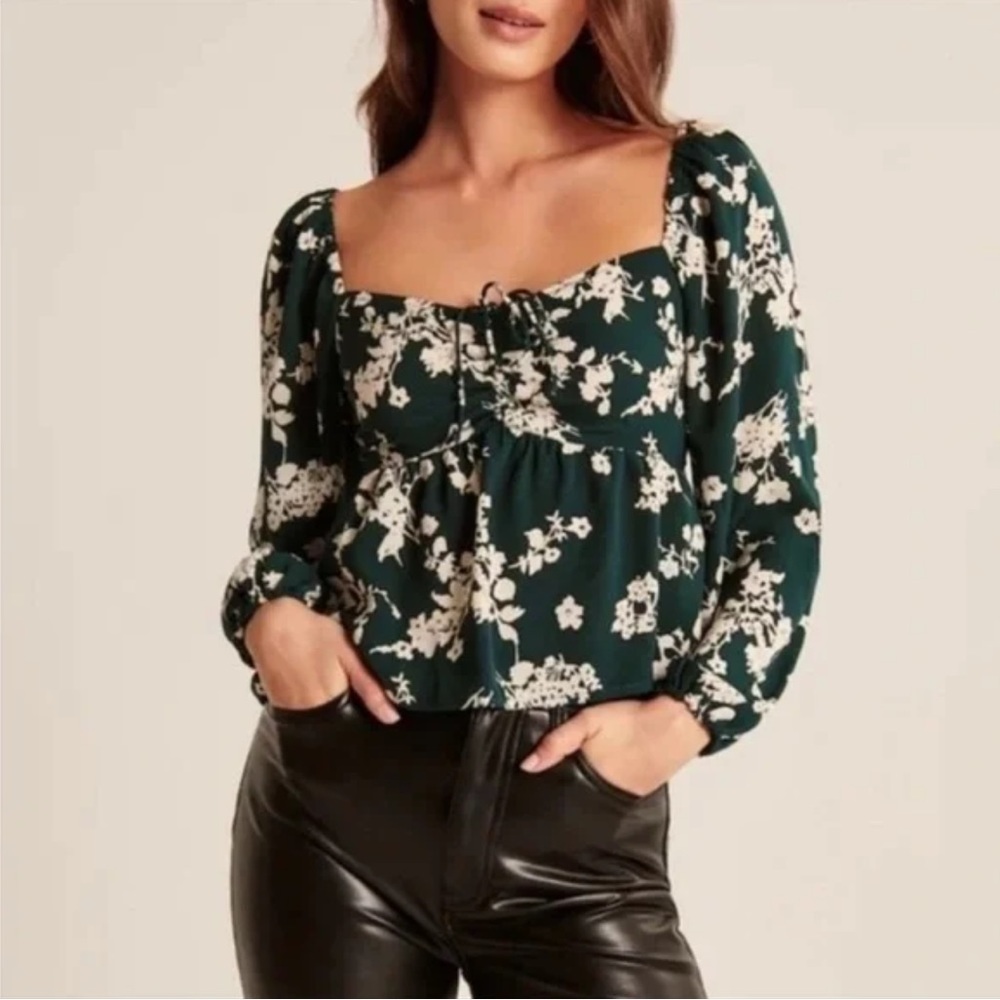 Abercrombie & Fitch Dark Green and White Floral Long Sleeve Peasant Top